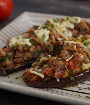 Little Shoes – Eggplant Halves Baked With Three Cheeses And Tomato