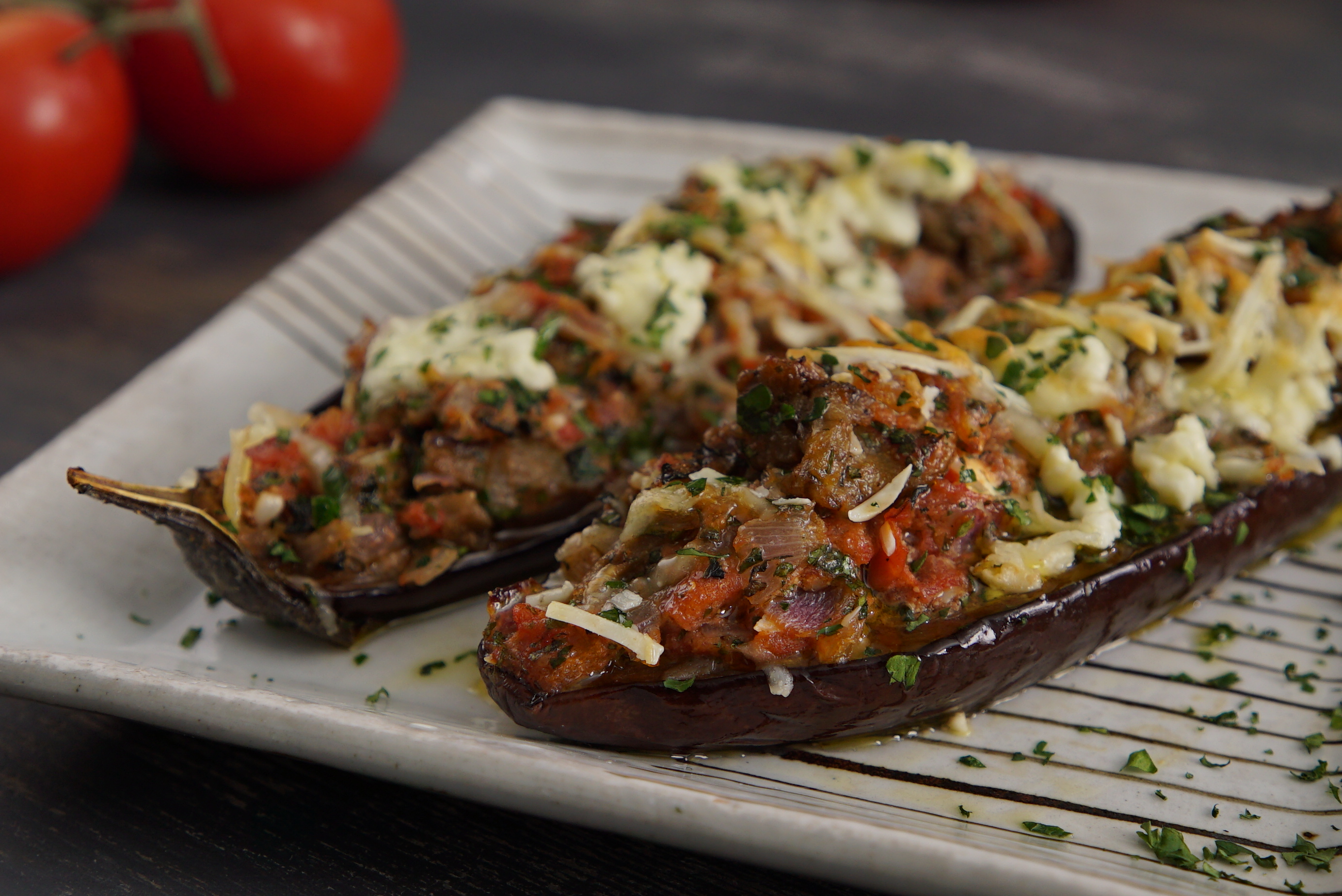 Little Shoes – Eggplant Halves Baked With Three Cheeses And Tomato ...