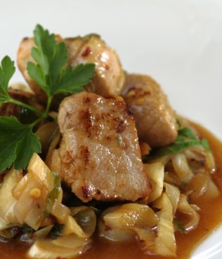 Goumenissa Pork and Leeks in a Skillet, Prassotigania