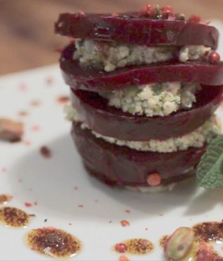 Beetroot Napoleon with Spicy Mashed Feta & Pistachios