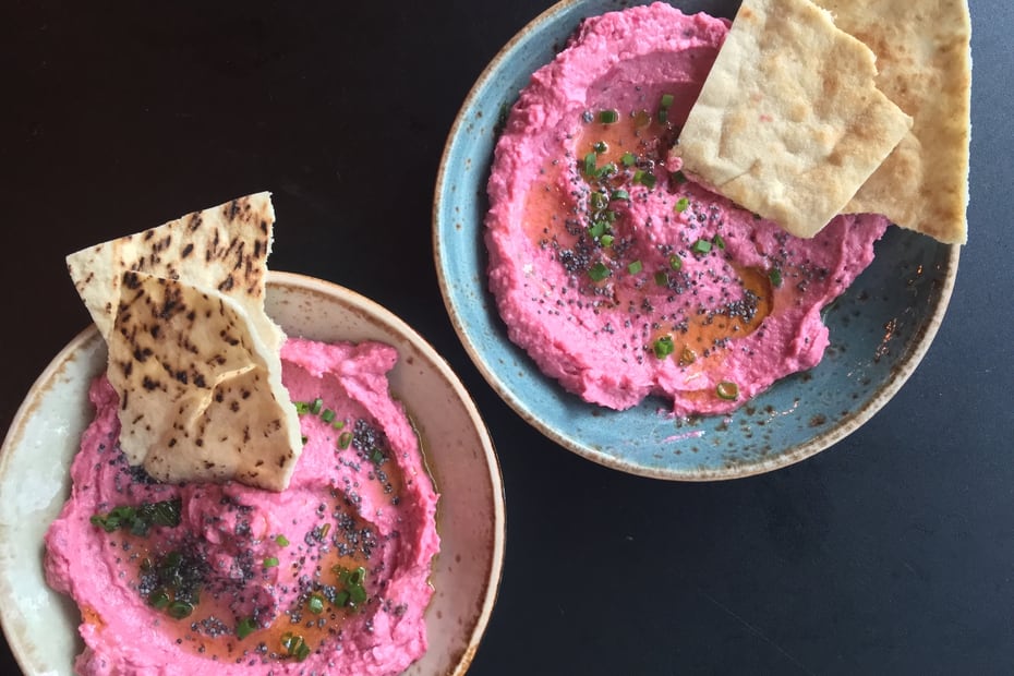 Feta, greek yogurt and beets add a Greek twist to this hummus recipes.