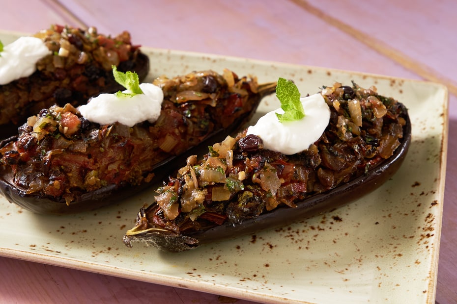 Eggplants Stuffed With Onions Raisins And Grape Molasses Greek Food Greek Cooking Greek Recipes By Diane Kochilas