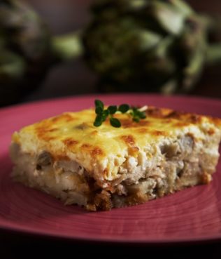 Artichoke Moussaka with Caramelized Onions and Feta