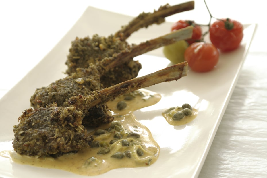 Greek recipe for grilled lamb chops with wild Greek oregano and Santorini capers