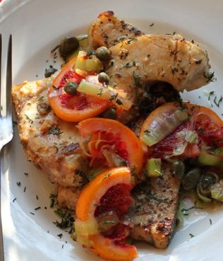 Fish Steaks with Santorini Capers, Blood Orange, Ouzo & Leeks