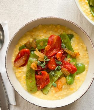 Greek Salad of Green Beans and Tomatoes, with Fresh Corn-Feta Polenta