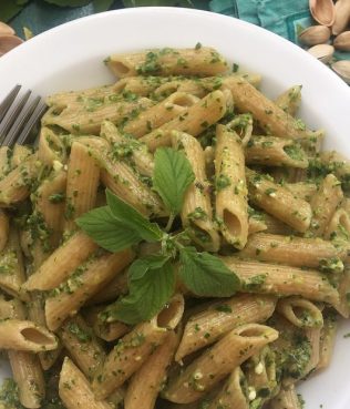 Summer Greens Pasta al Pesto with Aegina Pistachios, Greek Olive Oil & Feta