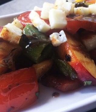 Grilled Pepper Salad With Peaches & Seared Halloumi Cubes