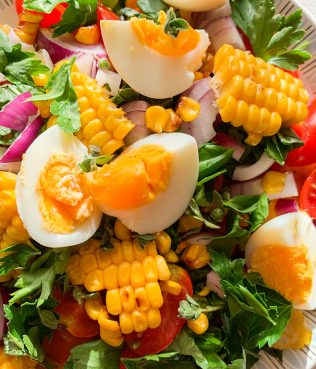 Grilled Corn & Potato Greek Salad with Purslane & Cherry Tomatoes