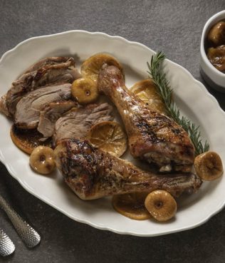 Greek-Honey-Ouzo Roasted Turkey Thighs with Figs and Black Pepper