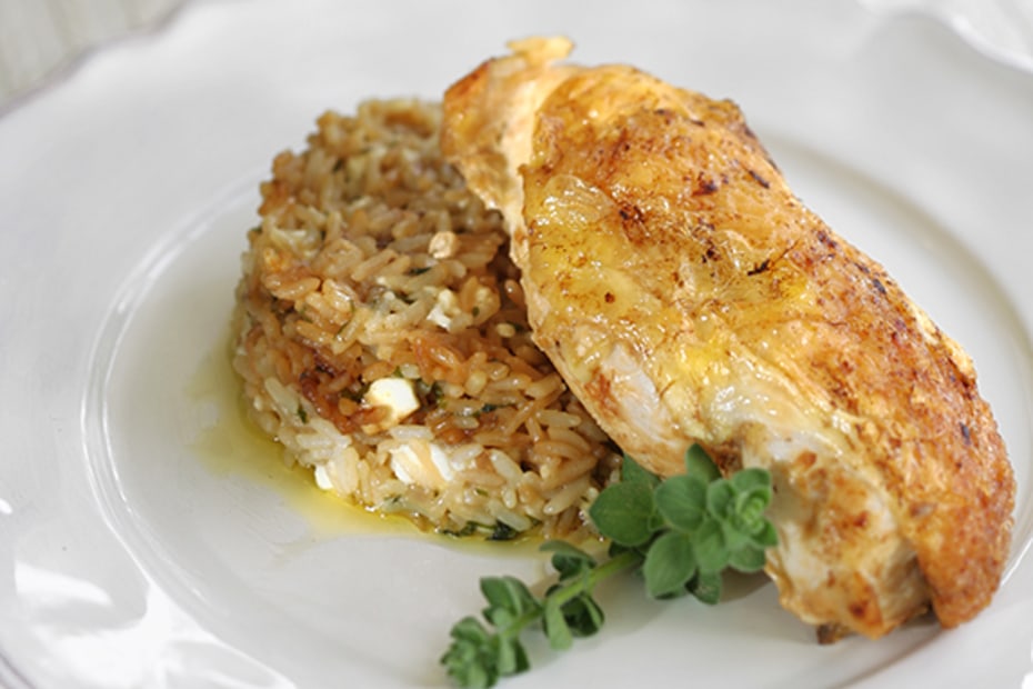 Whole Chicken Baked with Rice and Feta Mediterranean Diet, Healthy