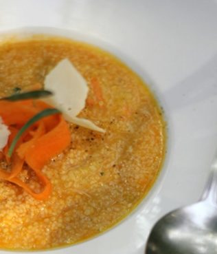 Pumpkin-Carrot Soup with Trahana and Graviera