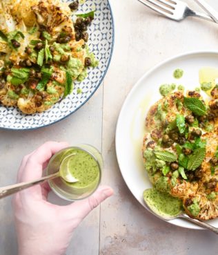 Cauliflower Steaks With Crispy Capers and Spicy Tahini Sauce