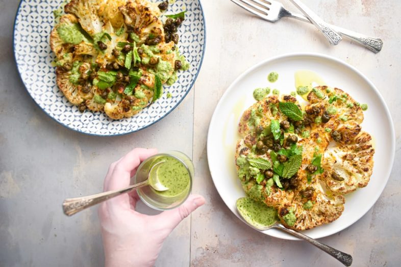 Cauliflower Steaks With Crispy Capers and Spicy Tahini Sauce