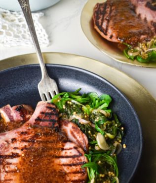 Comfort Pork Chops, Drizzled with Greek Honey-Mustard-Oregano BBQ Sauce