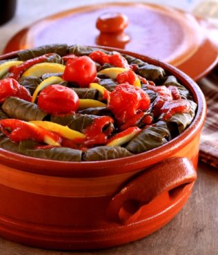 Baked Dolmades Stuffed with Fava & Santorini Tomatoes