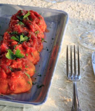 Vegan Fava "Sausages" in Spicy Cumin-Santorini Tomato