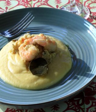 Shrimp "Assyrtico" - with Caper Leaf Pesto over Fava Puree