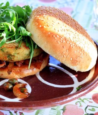 Fava "Burgers" Topped with Santorini Tomato Paste Arugula & Caramelized Onions