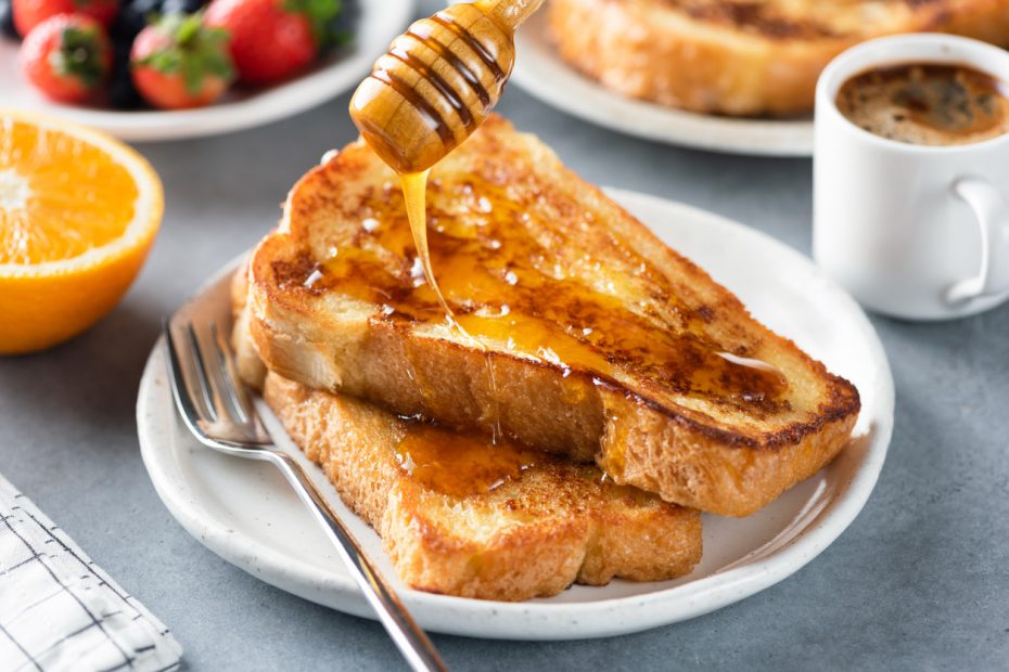 Vasilopita or tsoureki French toast with Greek honey for breakfast!