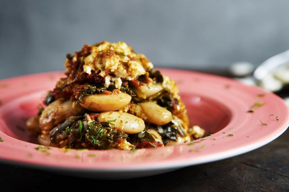 Messinia Style Giant Beans Baked (Gigantes) with Spinach & Feta