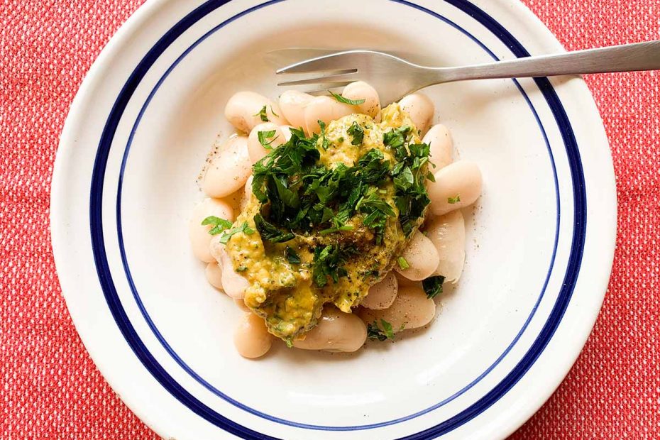 Warm Gigantes Salad with Pumpkin Pistachio Pesto