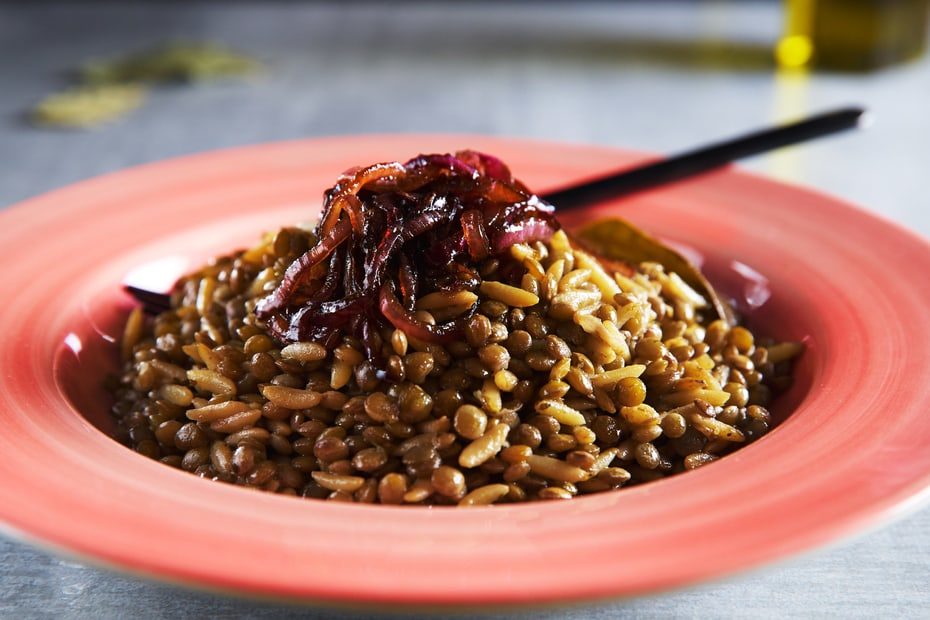 Lentils Cooked with Orzo & Caramelized Onions