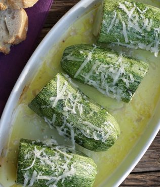 Zucchini Stuffed with Garlicky Bread Crumbs, Dried Mushrooms, Herbs and Cheese