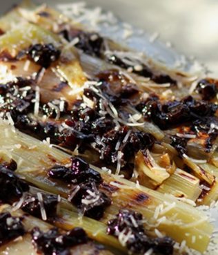 Seared Leeks & Shaved Cheese With Greek Currants or Prunes