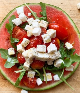 Watermelon Pizza with Feta, Tomatoes & Arugula