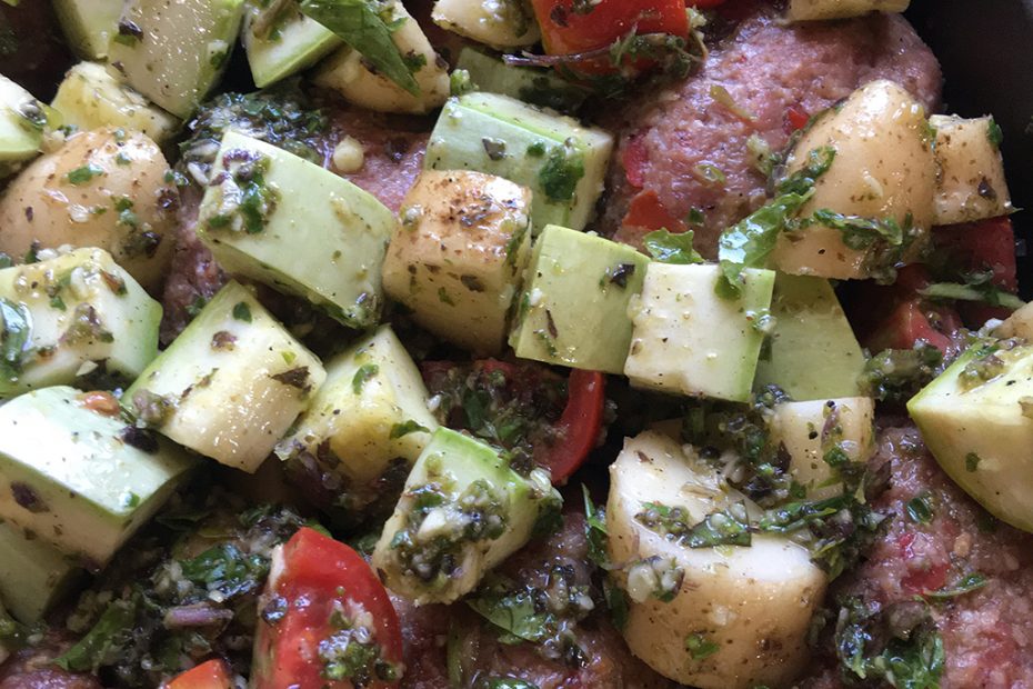 Greek baked biftekia with Briam.