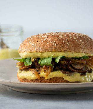 Mushroom-Caramelized Onion Sandwich with Greek Fava-Yogurt Spread