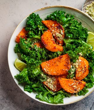 Sheet-Pan-Roasted Sweet Potatoes and Kale with Vegan Basil Pesto