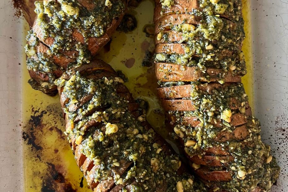 Vegan Hasselback Sweet Potatoes with Mint-Sage Pesto