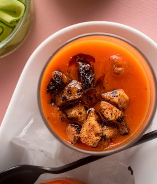 GREEK SALAD GAZPACHO WITH KALAMATA OLIVE CROUTONS