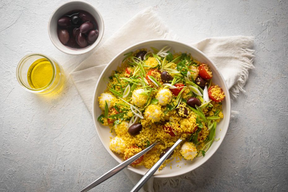 Olive, tomato and couscous salad. A recipe by Diane Kochilas