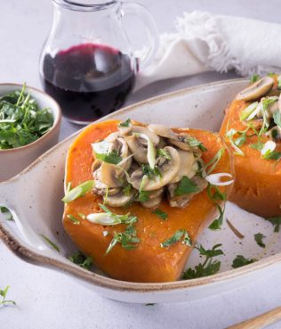 HONEYNUT OR BUTTERNUT SQUASH STUFFED WITH HERBY MUSHROOMS