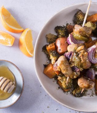 Mushroom Skewers With Roasted Sweet Potatoes And Broccoli