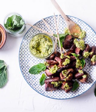 MUSHROOM SOUVLAKI WITH PISTACHIO PESTO