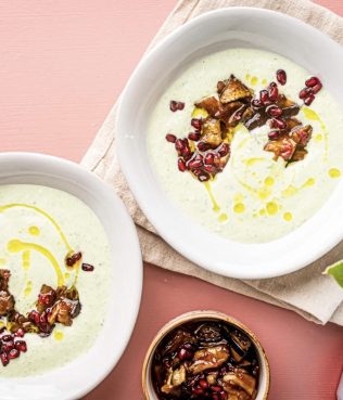 HOT OR COLD YOGURT SOUP WITH SPICY GRILLED EGGPLANT, MINT AND POMEGRANATE MOLASSES