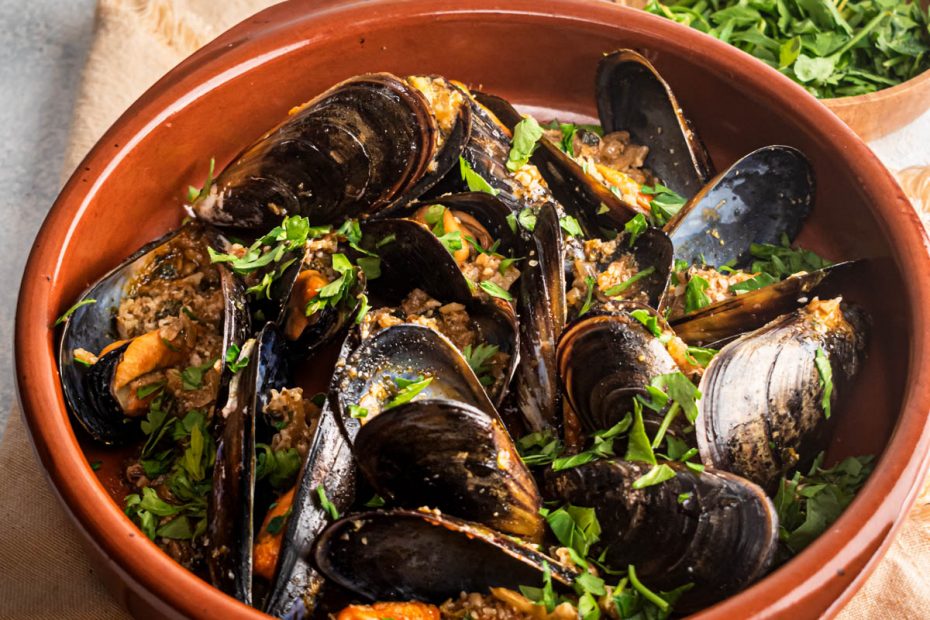 Spicy Steamed Mussels with Nuts, Onions & Herbs - Diane Kochilas