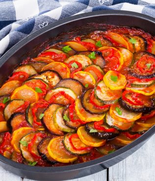 SPICED LAYERED RATATOUILLE WITH HOMEMADE HARISSA