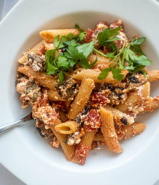 SHORT PASTA TOSSED WITH GRILLED EGGPLANT-TOMATO SAUCE