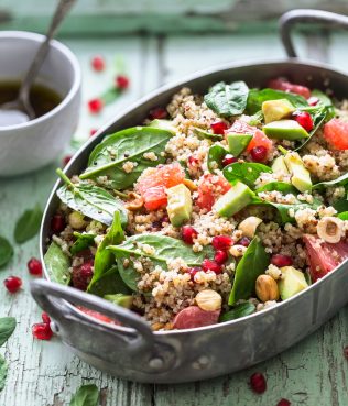 TOASTED QUINOA SALAD WITH POMEGRANATE, BLOOD ORANGE, AND SPINACH
