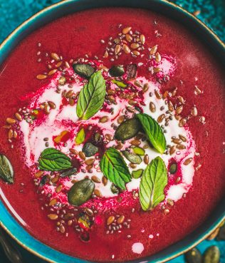 BEETROOT SOUP WITH SPICY SEEDS AND COCONUT MILK