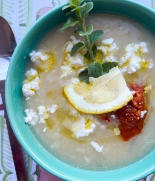 Simple Trahana Soup with Spiced Red Pepper Puree, Greek Feta and Olive Oil