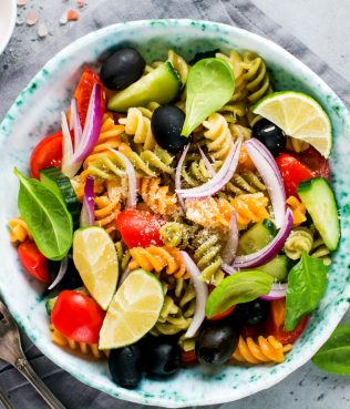 Vegan Greek Salad Fusilli Pasta With Lime & Basil & Olives