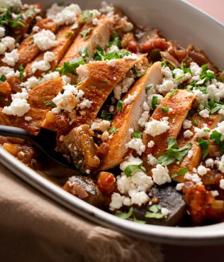 SKILLET CHICKEN BREASTS WITH EGGPLANT & FETA