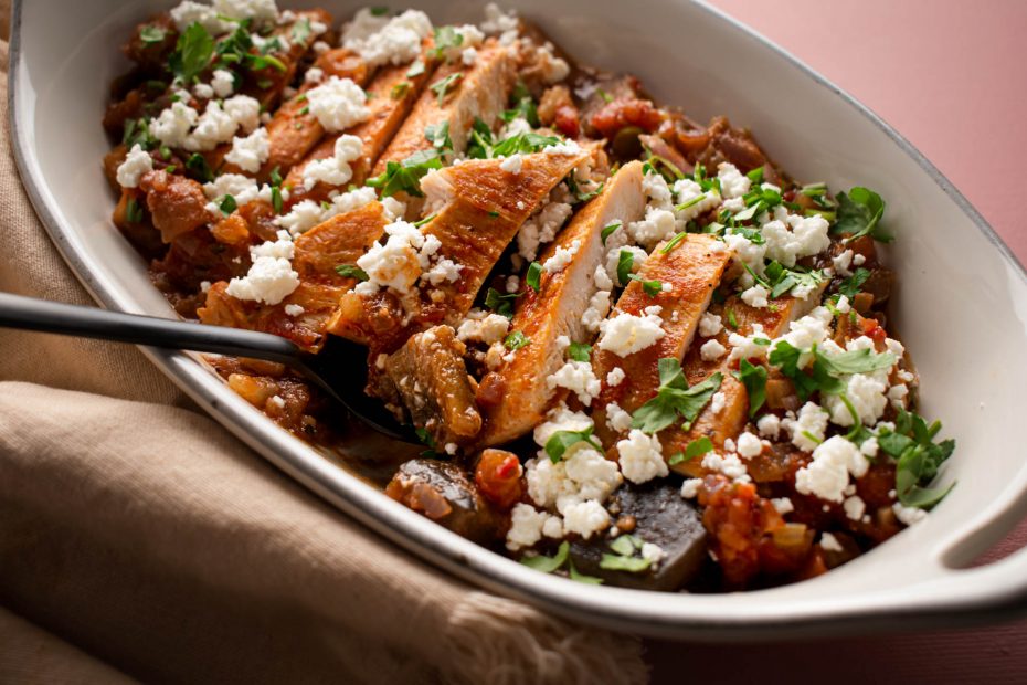 Skillet Chicken Breasts with eggplant and feta cheese.