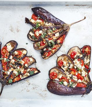 FANNED EGGPLANT WITH FETA, TOMATOES & HERBS